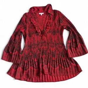 Fashion Bug Red and Black button down crinkle Top ruffled collar